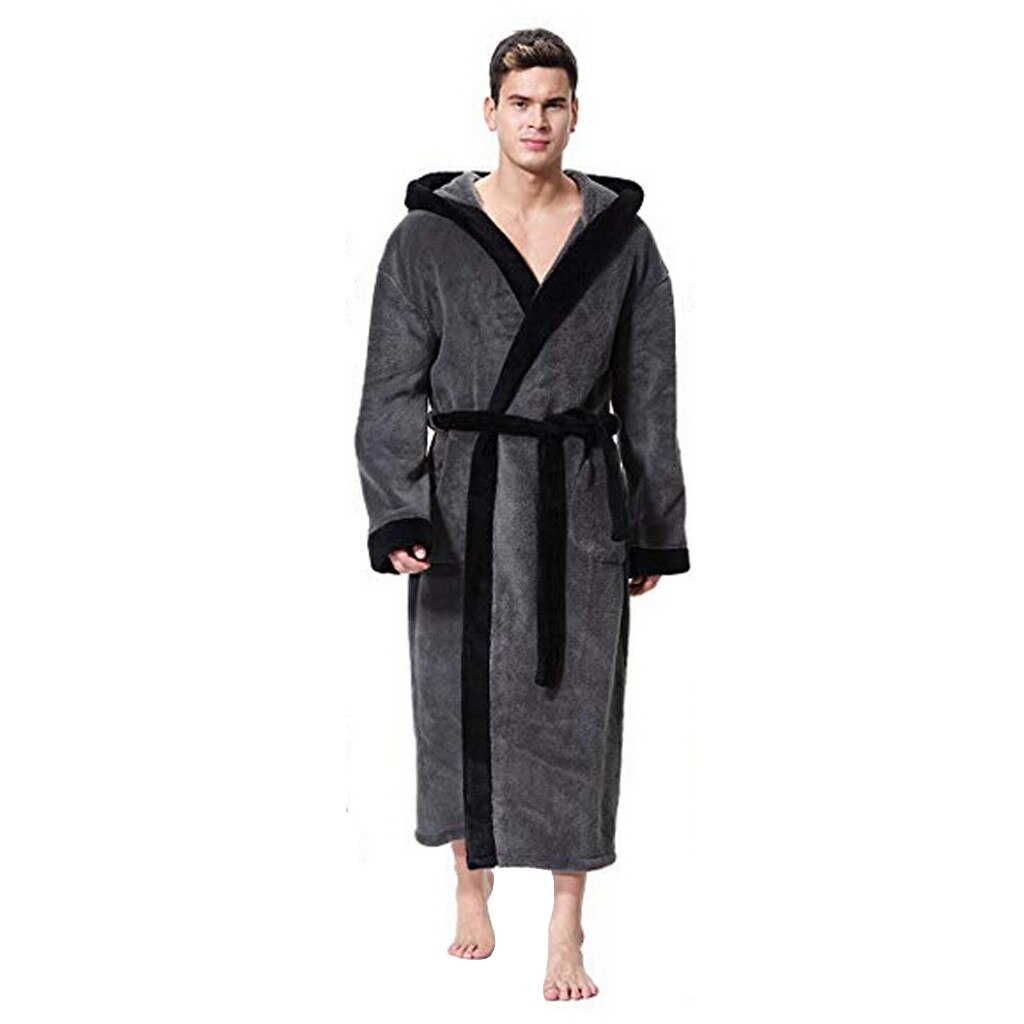 hooded Bathrobe men robe sleepwear Plush winter Lengthened Patchwork Long Sleeve Robe badjas d90914: gy / XL