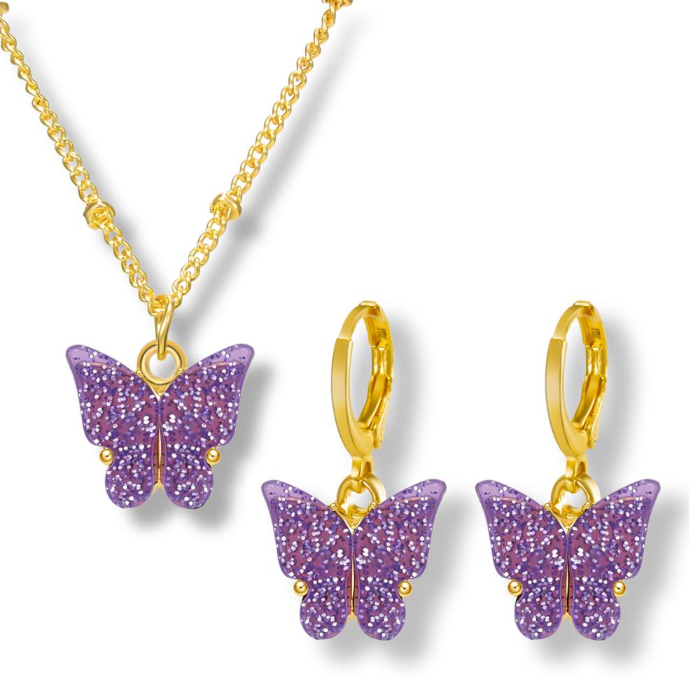 Ensemble de bijoux pendentif papillon en acrylique, scintillant, adorable ensemble de boucles d'oreilles et collier, de Style japonais et sud-coréen: purple
