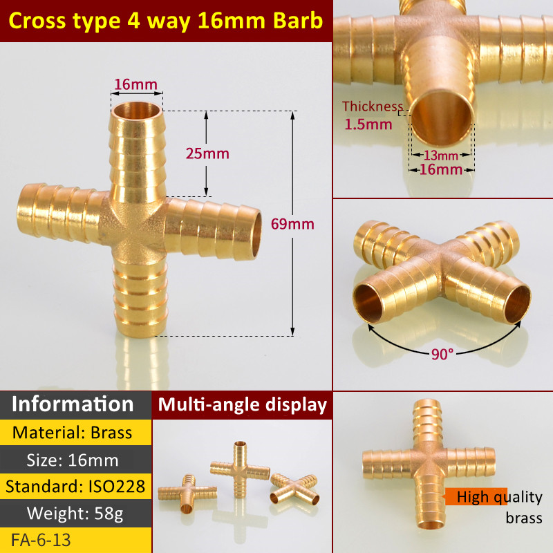 Cross Shaped Brass Pipe Fitting 4 Way 4mm 6mm 8mm 10mm 12mm Hose Barb Connector Joint Copper Barbed Coupler Adapter Coupling: 16mm