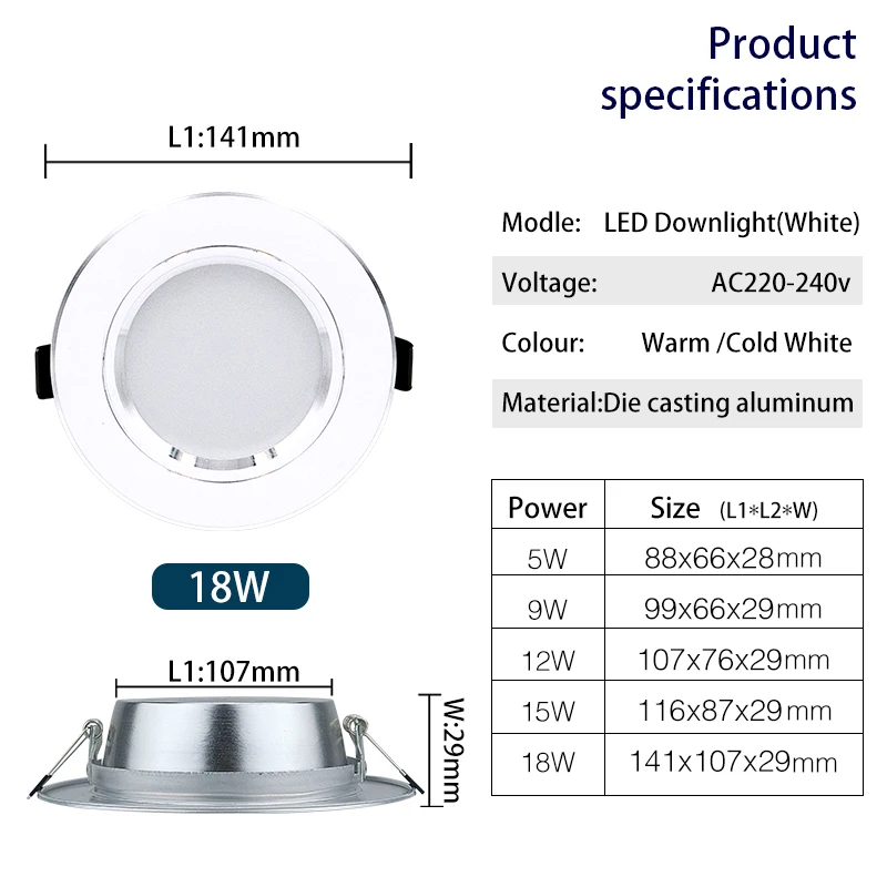 10 kpl/erä led-alasvalot 5w 9w 12w 15w 18w ac 220v 230v 240v led-kattoalasvalot lamput led-kattovalaisin kodin sisävalaistus