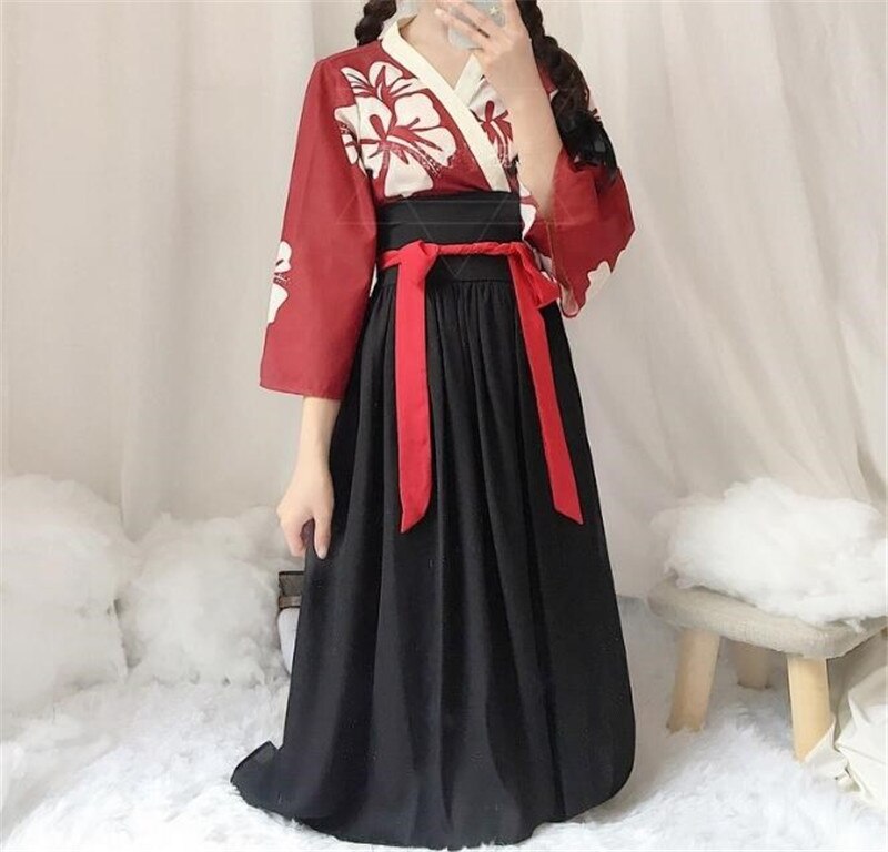 Japonais Kawaii filles Style Kimono robe pour les femmes imprimé fleuri Vintage thé fête asiatique vêtements Vestidos B287