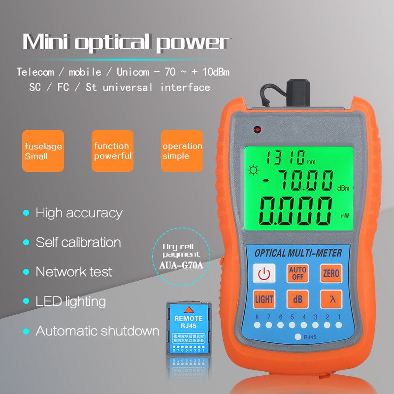 FTTH Mini medidor de potencia óptica AUA-G70A/50A OPM, probador de Cable de fibra óptica-70dBm ~ + 10dBm SC/FC/ST conector de interfaz Universal: AUA-G70A