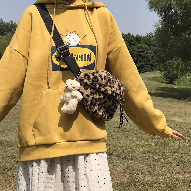 Kvinder brysttaske vintage leopard blød plys pung skuldertasker kvindelig rem telefontaske søde crossbody tasker til piger