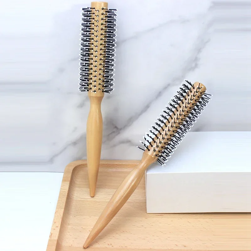 Mini cepillo redondo de nailon para hombres, peine para peinar el cabello rizado, peine rodante, cepillo redondo para cabello fino o corto con mango de madera