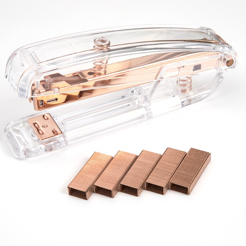 1 Rose Gold Stapler Set Office Transparent Plastic Stapler Binding Machine School Suppliers Stationery