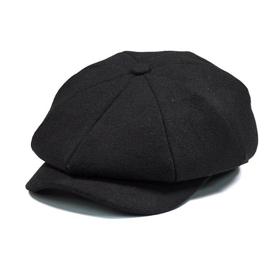 SHOWERSMILE Men Newsboy Caps Woolen Herringbone Flat Caps Coffee Retro Eight Piece Cap Male Vintage Autumn Winter Octagonal Hats: black cap