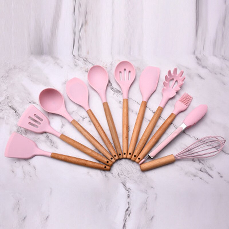 Ustensiles de cuisine en silicone, 11- pièces, ustensiles de cuisine antiadhésifs, cuillère de cuisine, spatule, manche en bois, ustensiles de cuisine