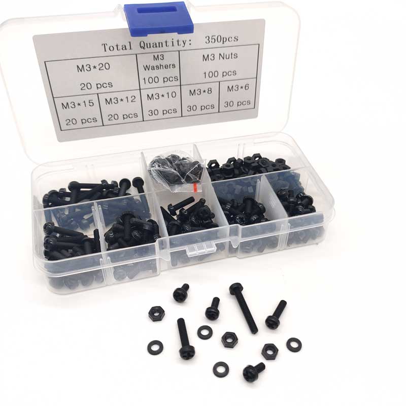 350pcs Plastic Screws Black White Nylon Phillips Pan Head Cross Screw M3 Bolt Nut Washer Assortment Kit length 6/8/10/12/15/20mm