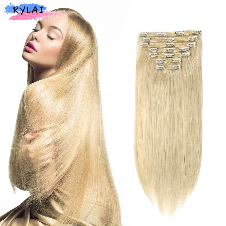 Synthetische Clip-In Extensions Lange Rechte Haarstukjes 24 Inches 7 Stks/set 20 Clips Bruin Blond Kleur Voor Vrouwen rylai