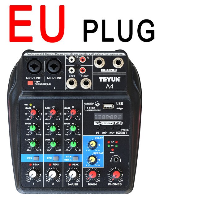 TEYUN A4 Console di missaggio Audio 4 canali Mixer Audio USB Bluetooth USB Record Computer 48V Phantom ritardo alimentazione effetto Repaeat: EU