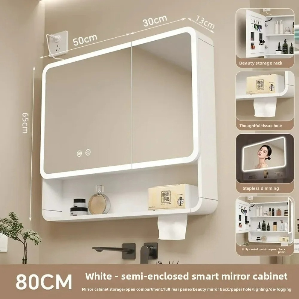 LED Bathroom Mirror Cabinet Anti Fog Wall Mounted Storage Mirror Carbon Fiber Rounded Corner Makeup Mirror