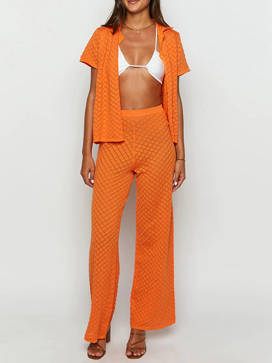 Dame s 2- delt striksæt med reversudskæring, korte ærmer, toppe med knapper + elastisk talje, vide ben, ensfarvet, outfits orange: Xl