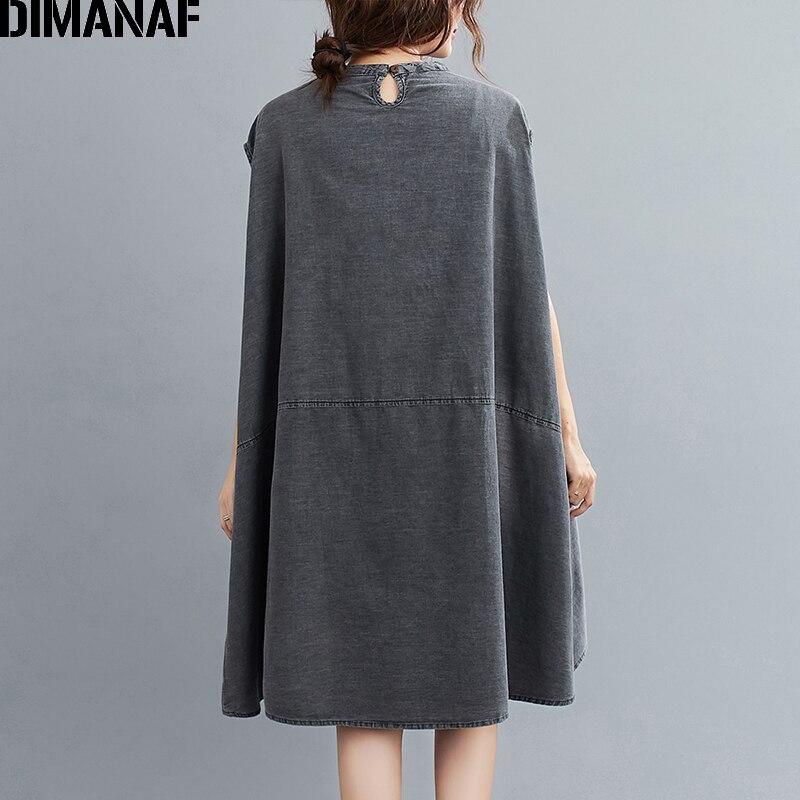 Dimanaf plus size dam klänning vintage tjocka jeans stor storlek vestidos lös dam klänning ärmlös knälång ficka