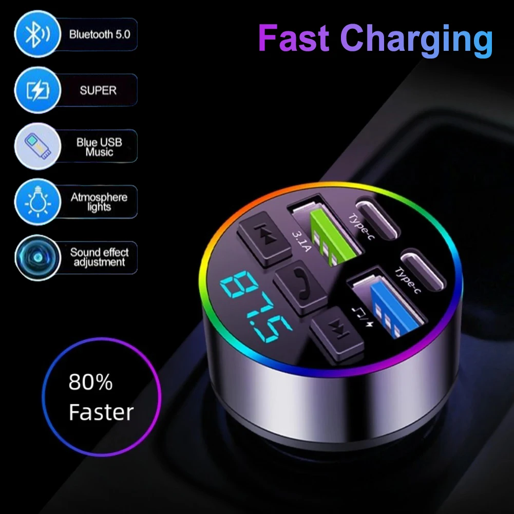 Bluetooth 5.0 FM-zender Autolader Adapter 3.1A Dual USB Autolader met digitaal display Handsfree MP3-muziekspeler: Default Title