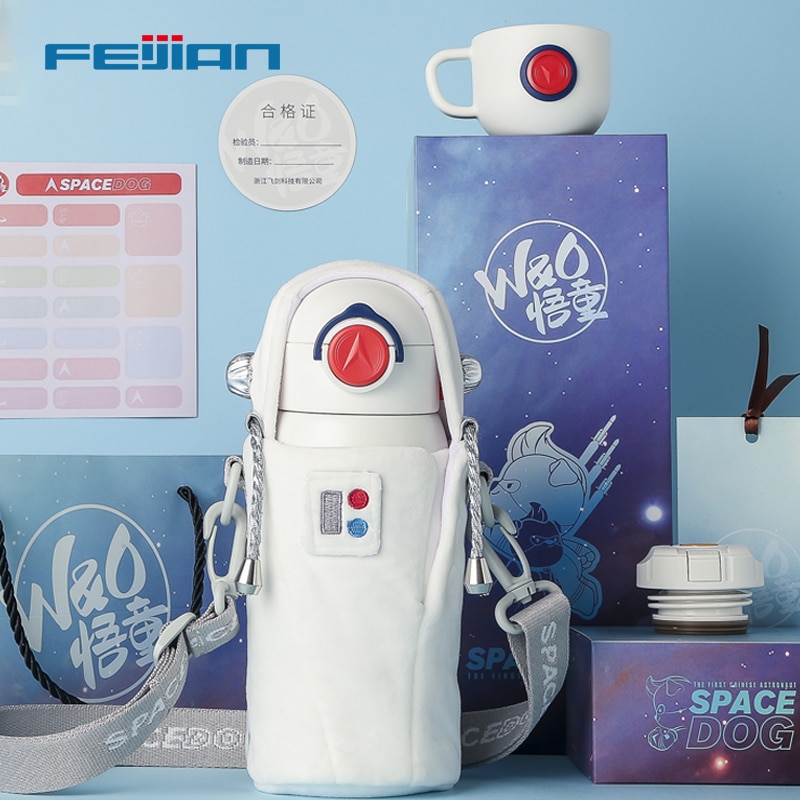 Feijian Astronaut Patroon Kid Thermoskan Thermosfles Bacteriostatische Voor Kinderen Box Pakket Met Cup Sets 600Ml