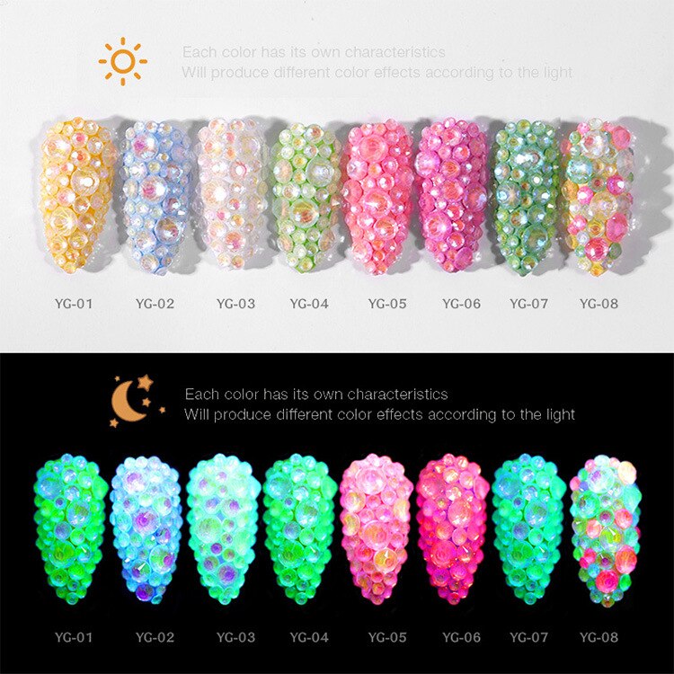 Mixed Size SS6-SS20 Lichtgevende Crystal Nail Art Rhinestone Decoraties 3D Glitter Diamond Jewelly Glow In The Dark Ornamenten 1pack