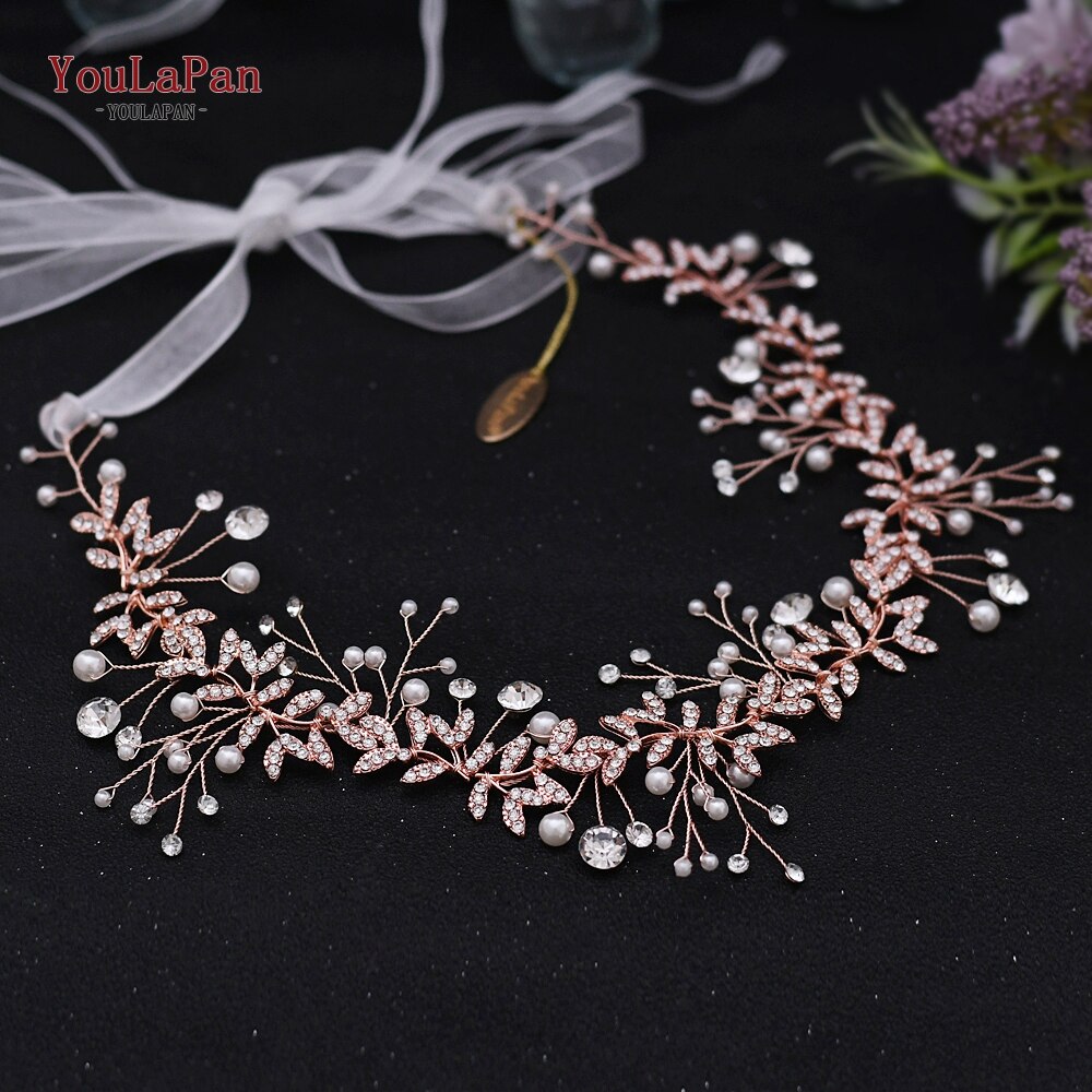 YouLaPan HP233 Wedding Rhinestone Headpieces Bride Hair Accessories Alloy Leaf Wedding Hair Vines Headband Wedding Hair Pieces: RG-white organza