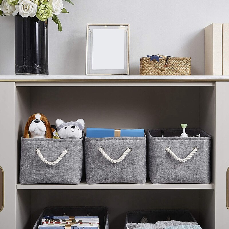 Fabric Storage Box, Foldable Linen Large Storage Baskets for Nursery, Closet and Wardrobe, Set of 3, Gray