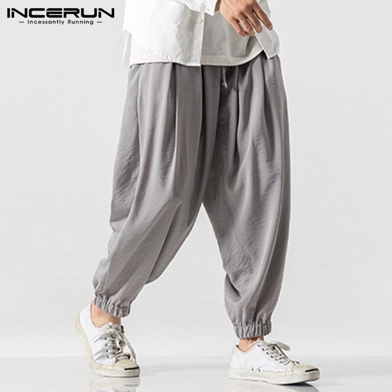 Herr retro hombre pantalones streetwear enfärgade byxor vintage joggingbyxor med dragsko herr lösa haremsbyxor plus storlek 7