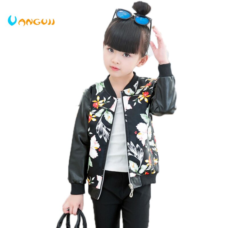 Veste en pu pour filles | Manteau pour enfants de 3 à 9 ans, col rond, manches longues, impression de fleurs rayées, camouflage mosaïque, tout assorti