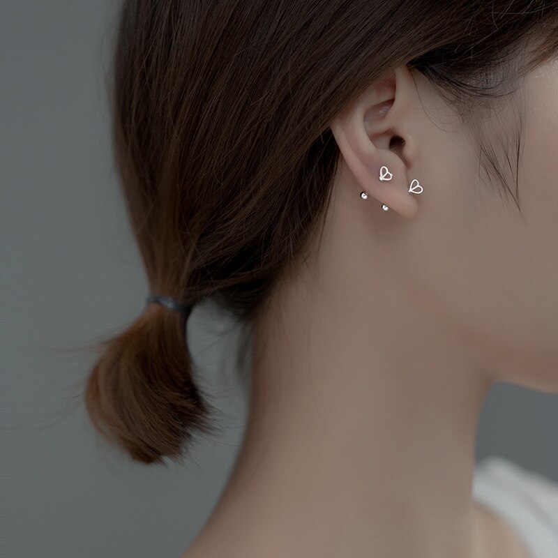 Genuine 925 sterling silver hollow heart stud earrings, screw back jewelry for women and girls