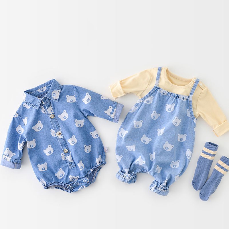 Milancel 2022 primavera bebê bodysuit denim urso uma peça de manga longa meninos outfit meninas bodysuit