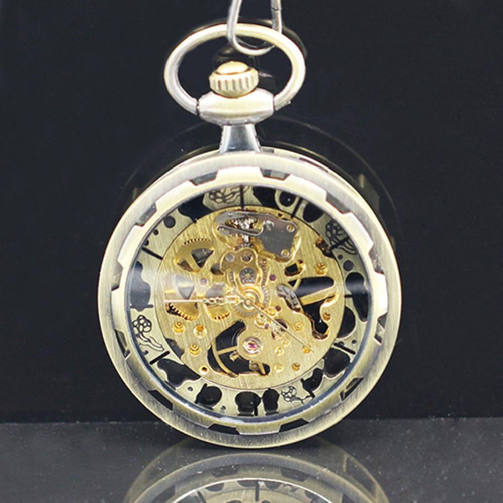 Unisex Luxury Silver Skeleton Mechacnical Hand-winding Mens Pocket Watch with Chain Smooth Steel Women Unisex Pocket Watch