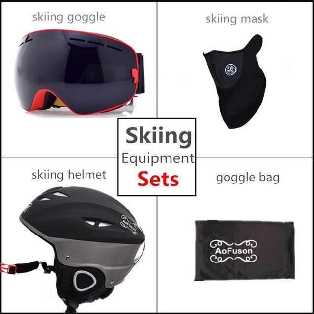 Skihelm bril dubbele lagen anti-condens groot zicht snowboard bril dames heren winter warme sporthelm ski-uitrusting set: Rood montuur zwarte lens