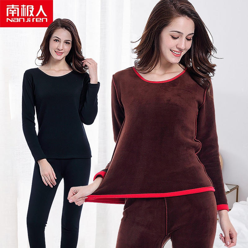 NANJIREN Women Thermal Underwear Sets Cotton Black thick Underwear Casual Long Johns Sets Female Solid Color Thermal Pajamas