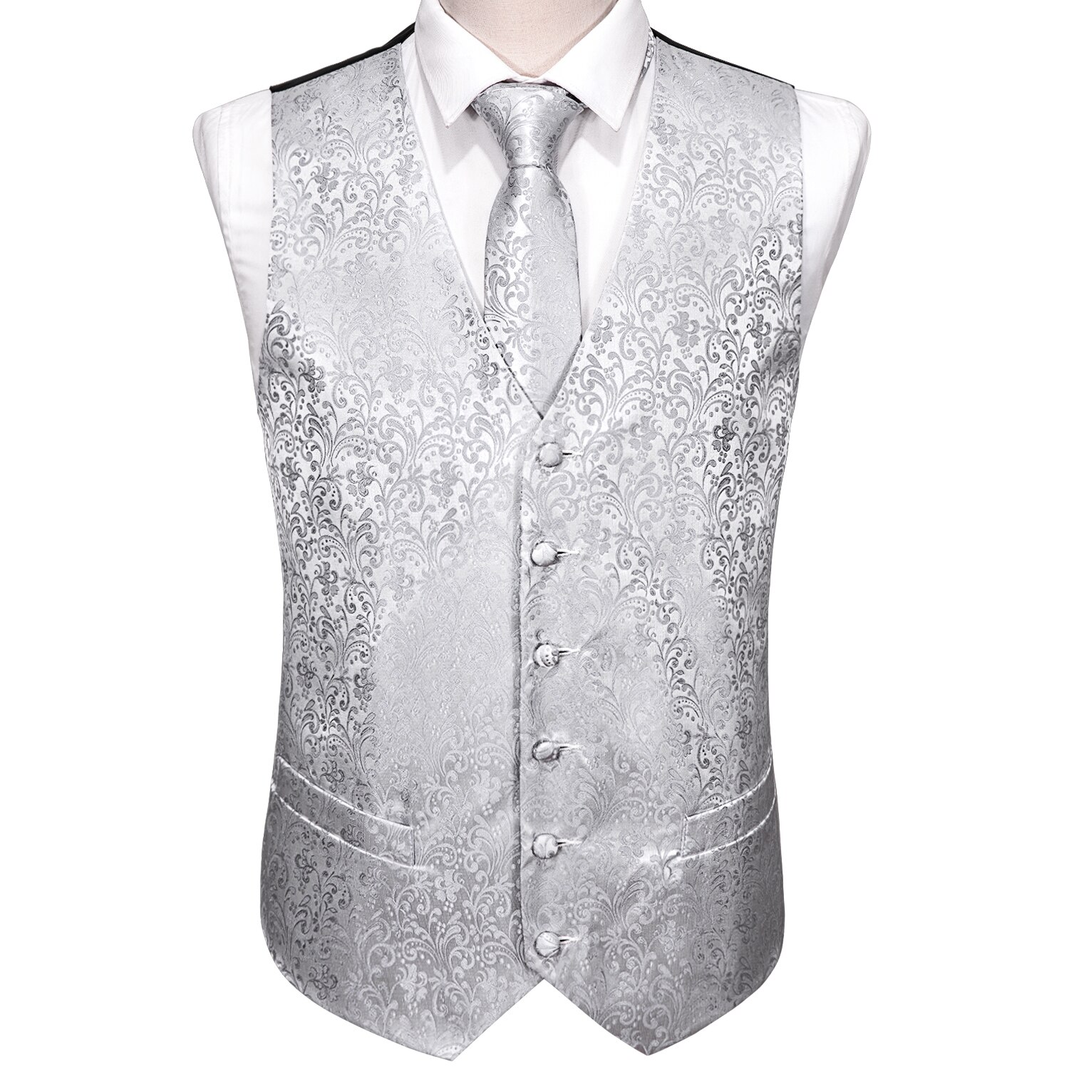 Traje de boda de plata para hombre, chaleco Floral Jacquard Folral de seda, conjunto de traje, pañuelo, corbata, de Tony Wang