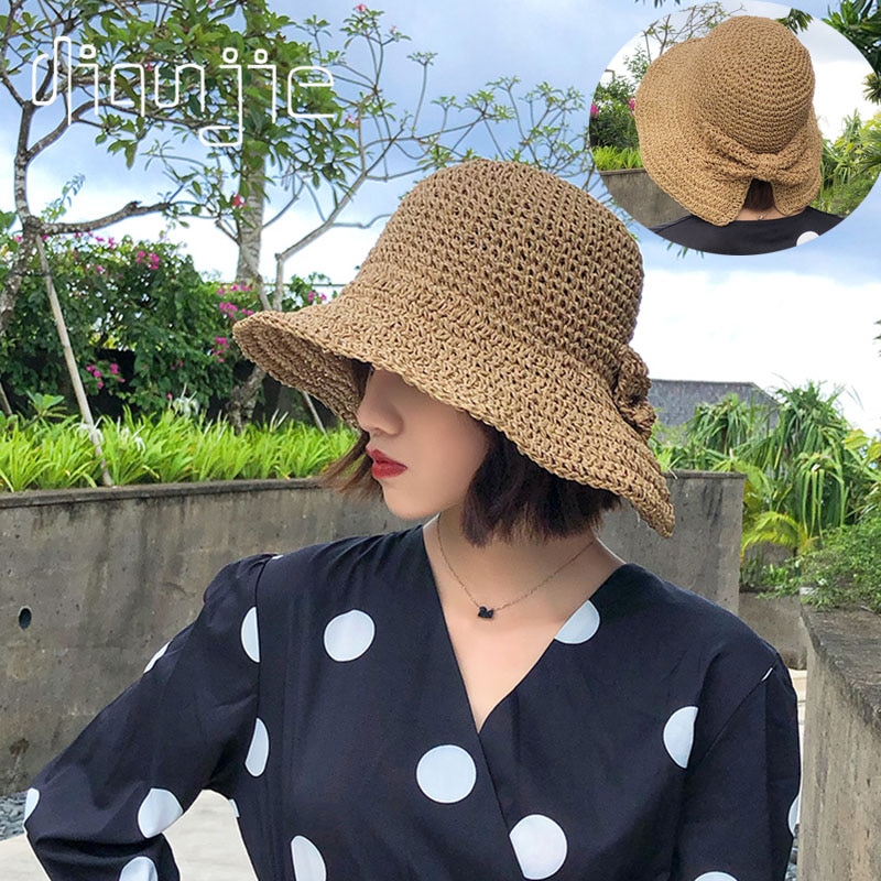 Handgemaakte 100% Raffia Boog Zonnehoed Brede Rand Floppy Zomer Hoeden Voor Vrouwen Beach Panama Stro Koepel Emmer Hoed femme Schaduw Hoed