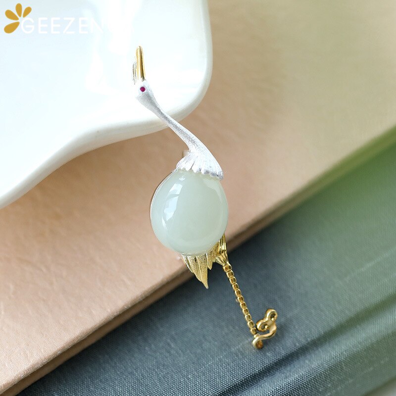 925 Sterling Silber Hetian Weiße Jade Vogel Broschen Edlen Schmuck für Frauen Nette Elegante Trendy Pin Brosche Büro Party