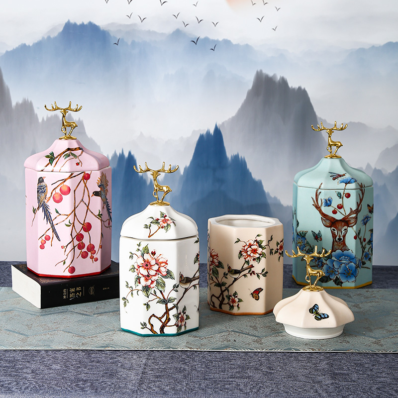Kleur Bloem Gouden Vogel Herten Snoeppot Keramische Opslag Fles Huishouden Moer Thee Tin Vochtbestendige Opbergdoos Porselein ambachten