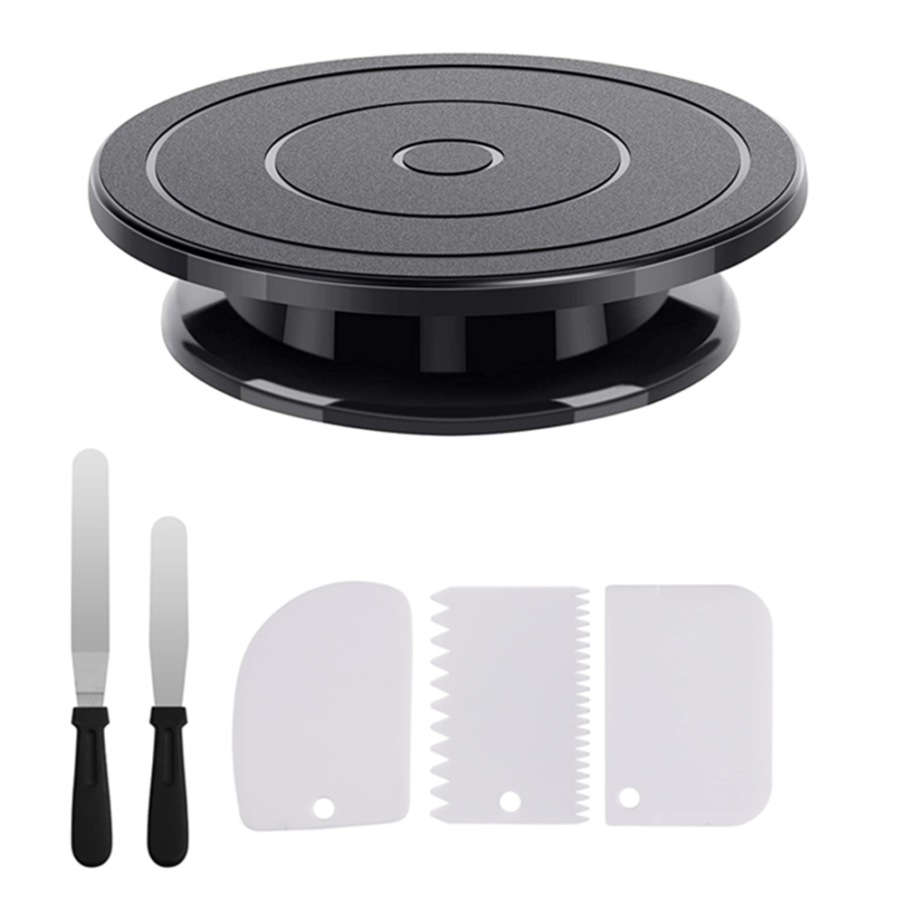6pcs Cake Turntable with 2 Frosting Straight Angled Spatula 3 Icing Smoother Scraper Cake Decorating Kit Baking Accessories Tool: black