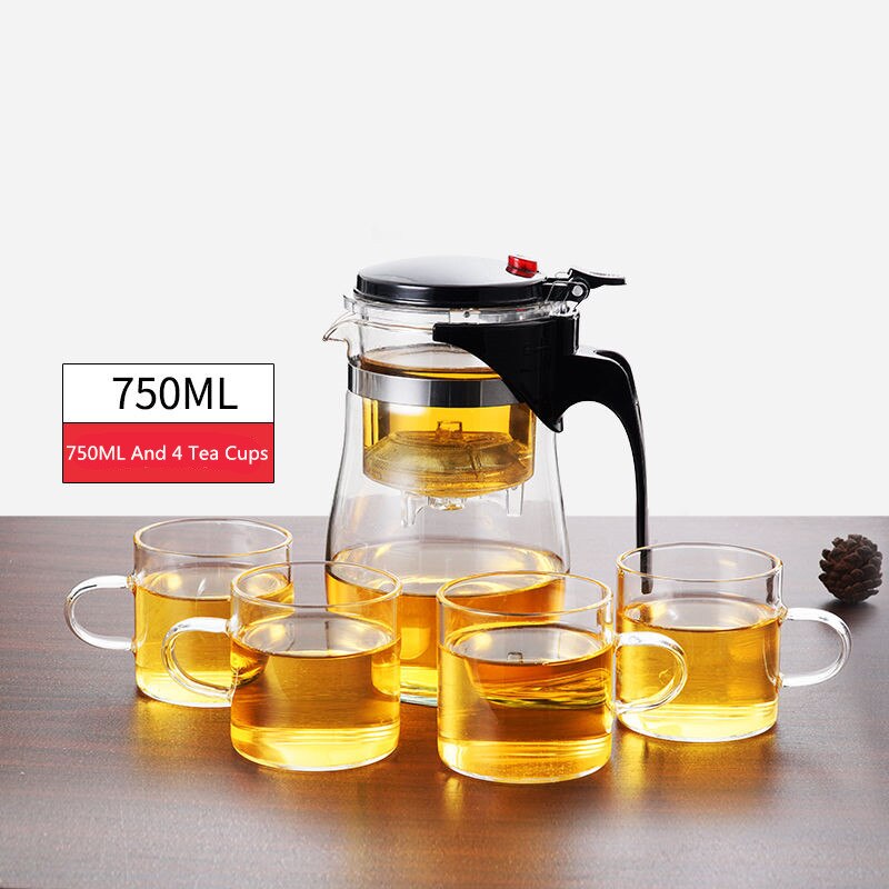 Heat Resistant Glass Tea Infuser Tea Pot Chinese Kung Fu Tea Set Puer Kettle Coffee Glass Maker Convenient Office Tea Sets: 750ML And 4 Tea Cups