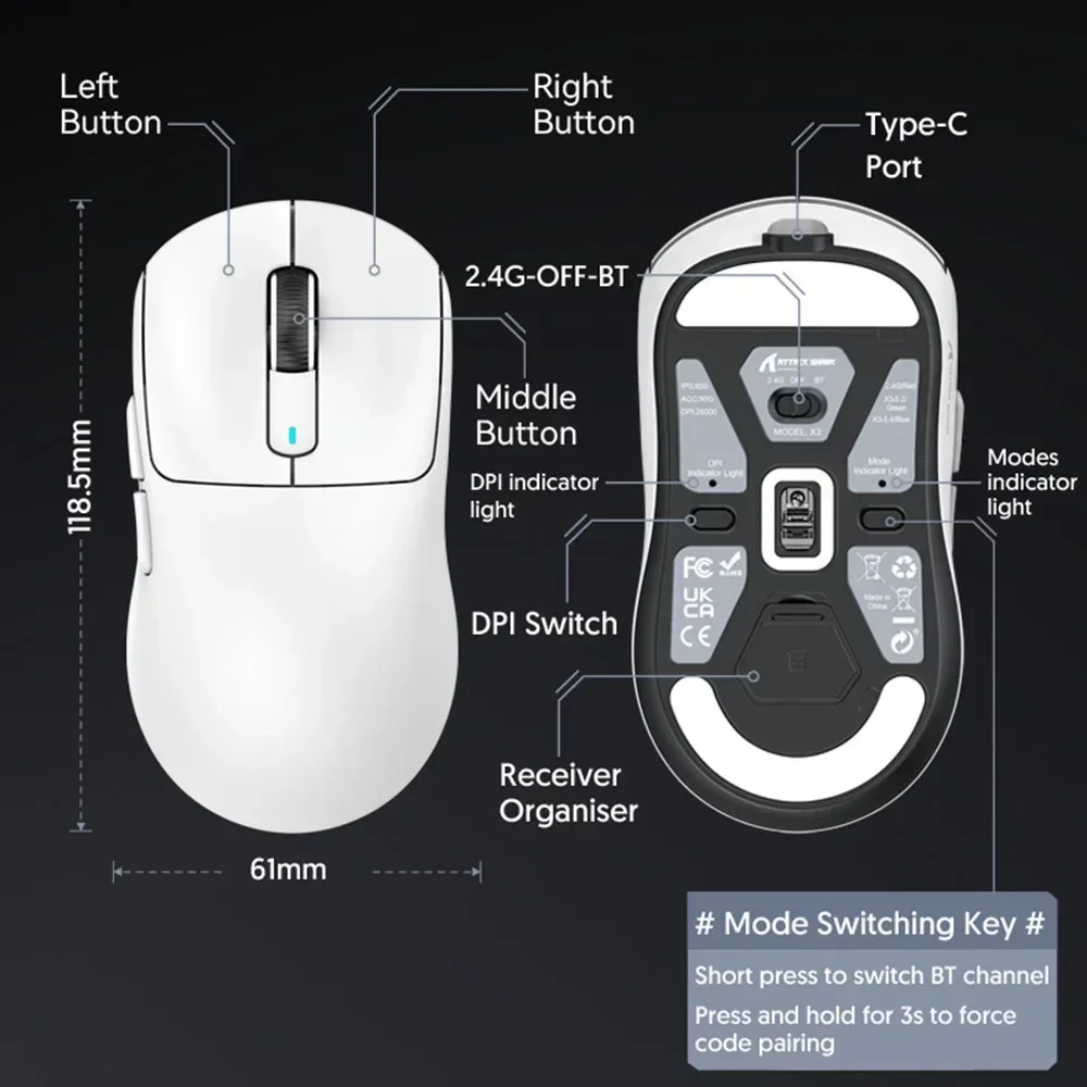 X3 PixArt PAW3395 Bluetooth Mouse 2.4G Tri-Mode Connection, 26000dpi, 650IPS, 49g Lightweight Macro Gaming Mouse