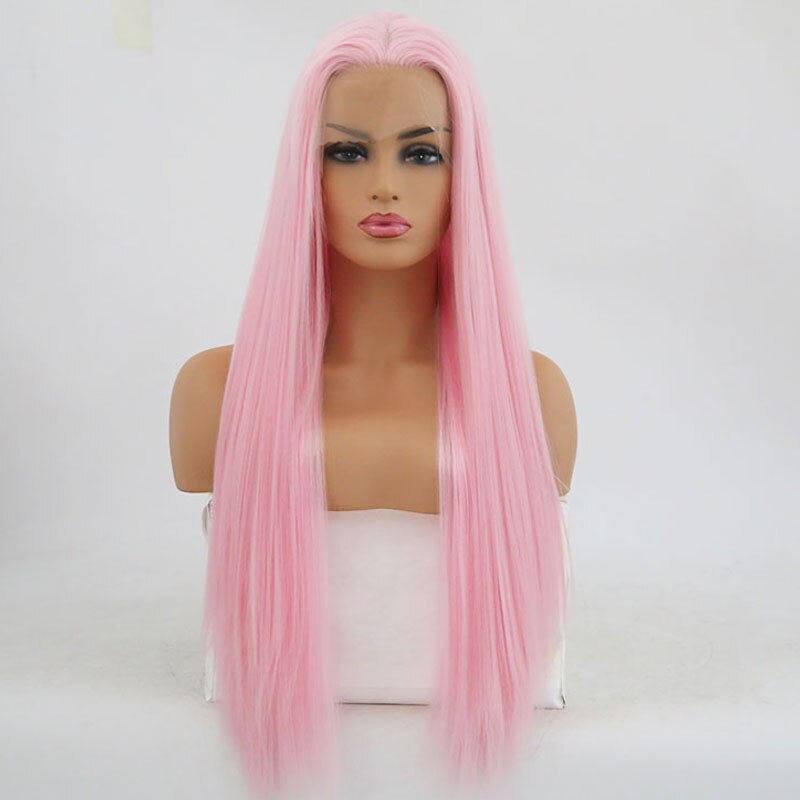 Peluca con malla frontal sintética recta de color rosa para bebé de Bombshell, pelo de fibra resistente al calor, peluca de corte medio Natural para pelucas de mujer