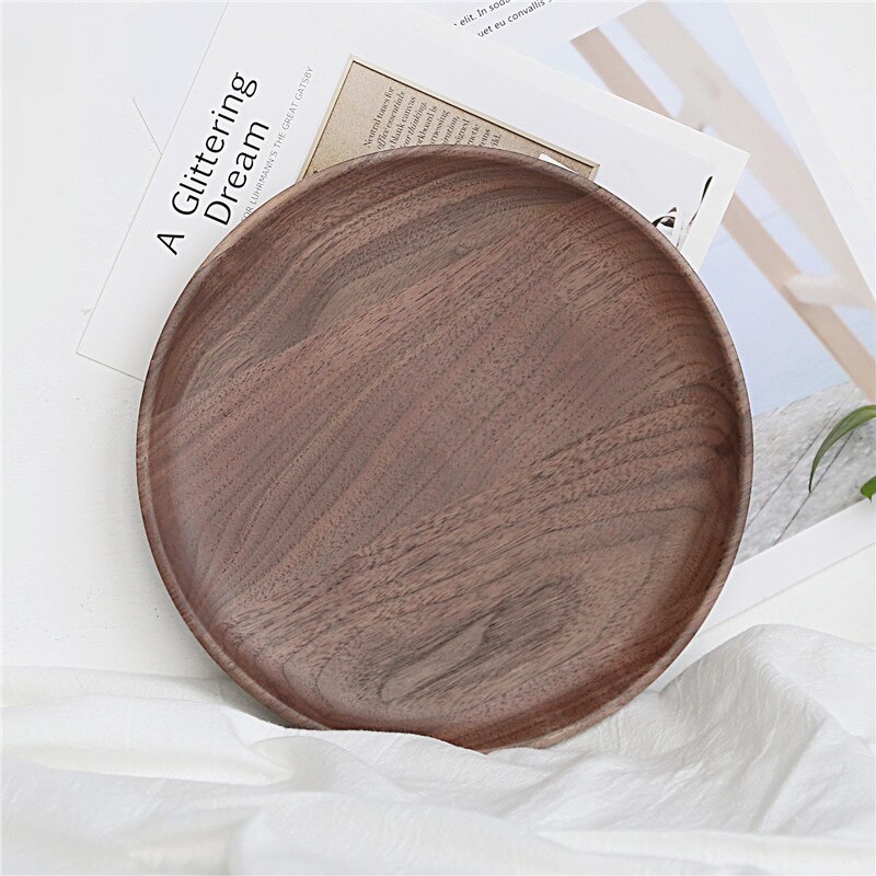 Black Walnut Wood Plate DIY Round Wooden Food Serving Plate Dishes Fruit Tray Dessert Dinner Breakfast Bread Plate Tableware Set