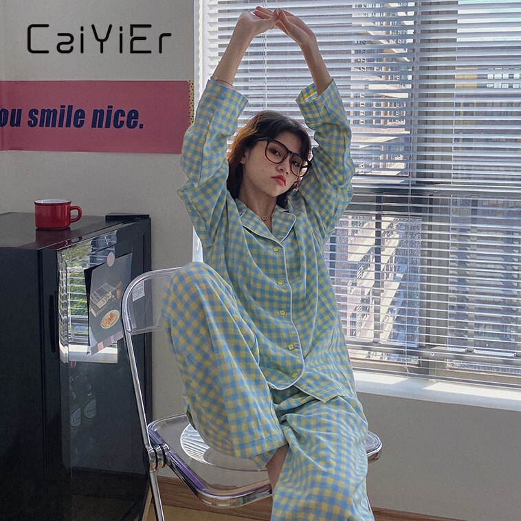 CAIYIER-Conjunto de pijama de rejilla verde para mujer, ropa de dormir holgada de estilo coreano, pantalón de cintura elástica, ropa de dormir para el hogar, primavera e invierno