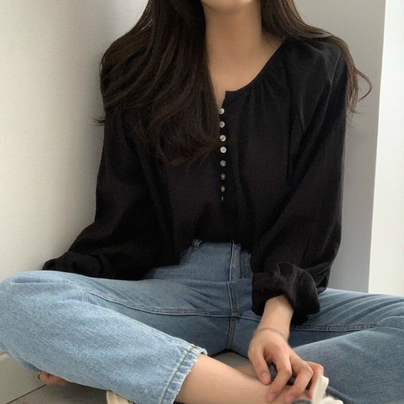 Jlong Temperament Long Sleeve Thin Shirt Women Chic Solid Color Blouse Spring Autumn Loose Shirts Tops