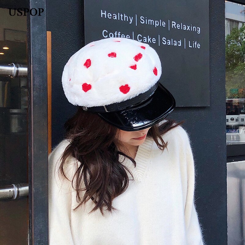 USPOP nowe czapki zimowe damskie wyszywane serce gazeciarz czapki aksamitne ośmiokątny kapelusz PU rondo niejednolita całość czapki damskie grube ciepłe czapki