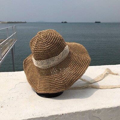 Ymsaid håndlavet stråhat kvinder sommer solskærm solhat blonder sammenfoldelig spandehat kvinde sommerhat strå strandhat: Khaki
