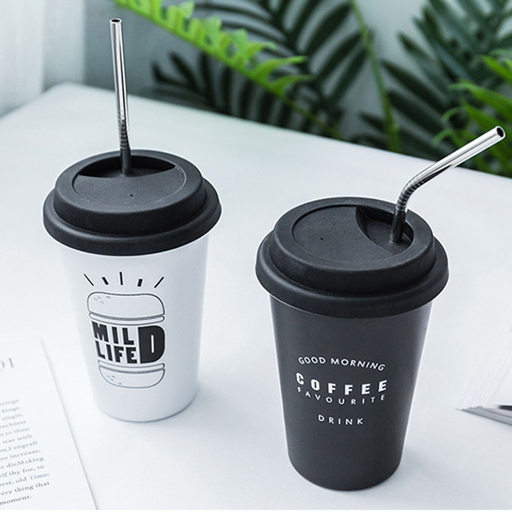 Modernas tazas reutilizables de acero inoxidable para café, con tapas tazas de té, pajitas y letras, tazas de Taza de Viaje de 500ML