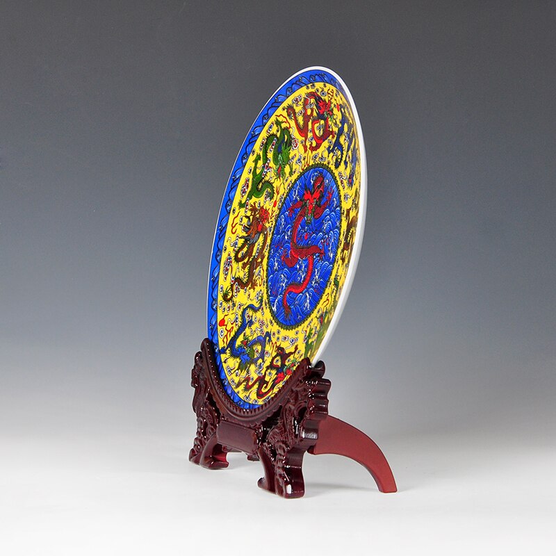 Fengshui Art Keramische Sier Plaat Oude Chinese Negen Draken Decoratie Hout Base Porselein Traditionele Chinese Plaat Set