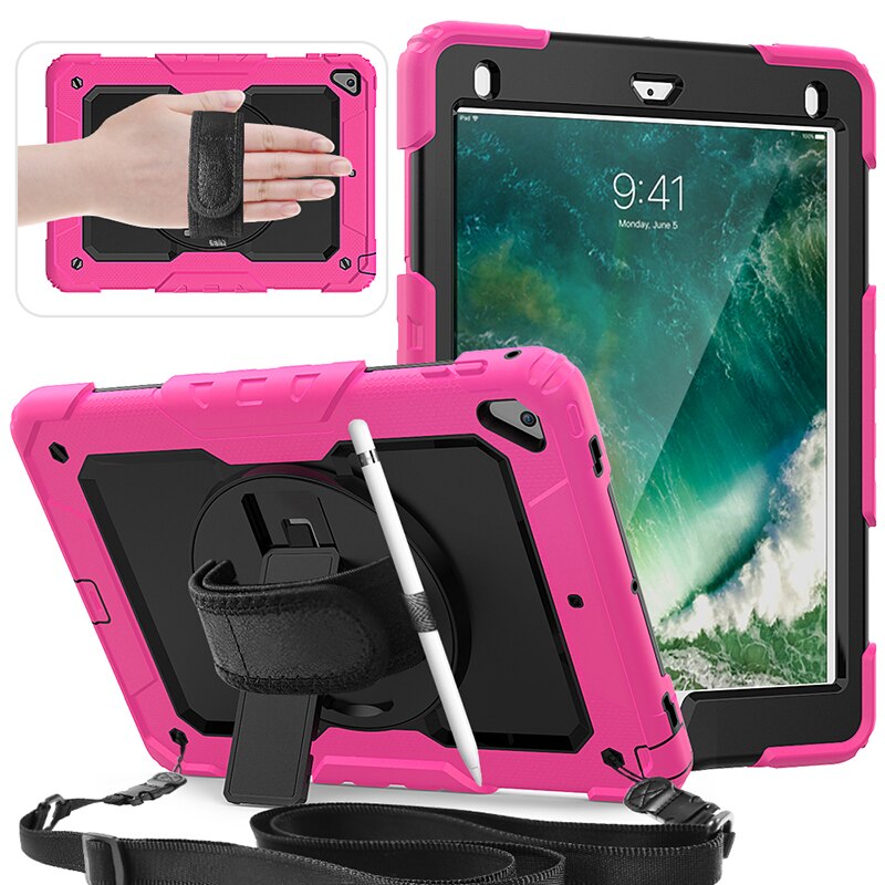 Universal Though Rugged Case for ipad air 2 6th 5th gen pro 9.7 inch Hand Strap cases with Kickstand Stand and Shoulder Strap: ROSE