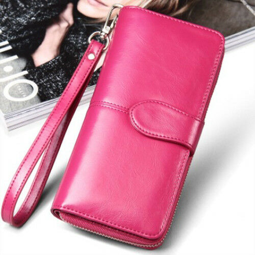 7 farver kvinders lange læder kobling solid tegnebog stor kapacitet taske kortholder lynlås: Rosenrød