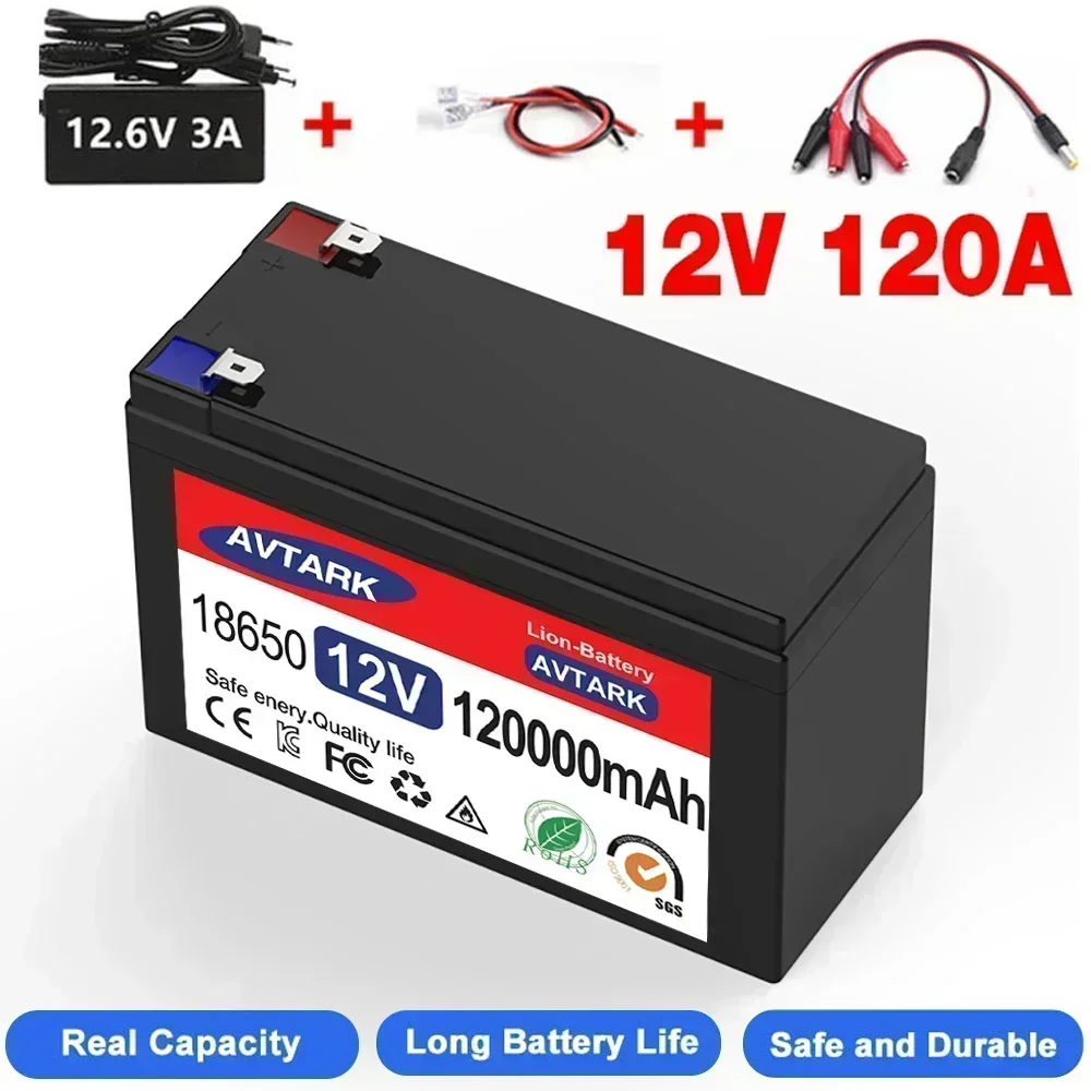 Batterie al litio 12V 120Ah 18650 Batterie al litio ferro fosfato BMS integrato per barca solare + caricabatterie 12,6V