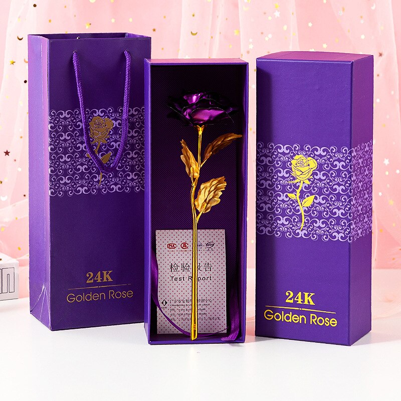 Rosa chapada en oro de 24k con caja, romántico de San Valentín, suministros festivos para , aniversario, novia, esposa,: Púrpura