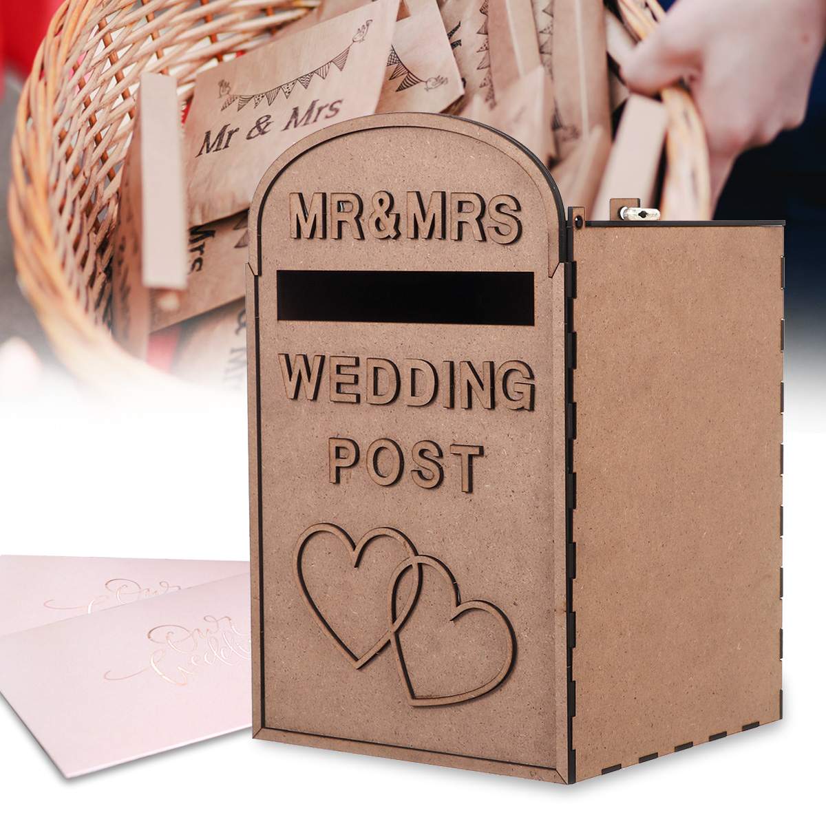 Cajas de correos de tarjetas de boda país urna de boda tesoro tarjeta de DIY Caja con cerradura llaves Contry decoración de invitaciones de boda