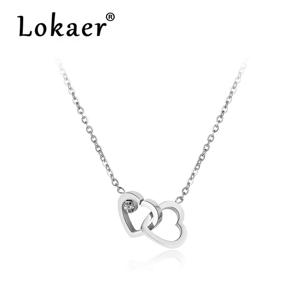 Lokaer colar corrente e fecho de zircônia cúbica, dupla coração, joias de titânio aço rosa dourado para mulheres n18058: Silver